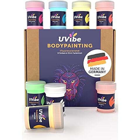 Bodypainting Farben - 8x Coole UV Farbe Körperfarbe MADE IN GERMANY - Schwarzlicht Farbe, Neon Farbe Haut und Gesicht leuchtet Tag & Nacht - Schminke Body Paint von UVibe - Body Painting Farbe Körper Cover