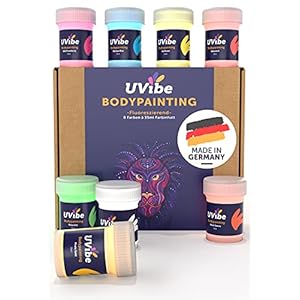 UVibe Bodypainting-kleuren, 8 x coole blacklight-kleuren, voor overdag en ‘s nachts, fluorescerende make-up, bodypainting, kleurrijke lichaamsverf, uv-verf
