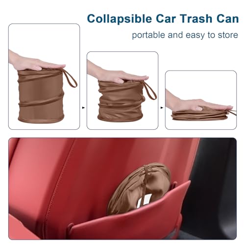 Image of Car Trash Can, 2 Packs Mini Car Garbage Can, Collapsible Trash Bin | Pop-Up Trash Can for Car Front Back Seat, Portable Car Trash Bag Hanging for Vehicle SUV Rv Truck Accessories Interior, Brown