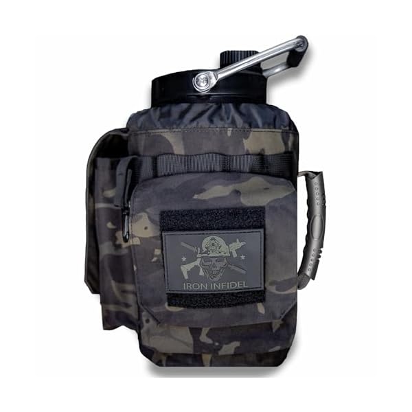 Iron Infidel Battle Bottle - One Gallon Insulated Water Bottle with Dual Carry Handles - 128 oz Tactical Stainless Steel Water Jug & Rugged Extra Large Sleeve with Storage (Black Camo 128 Ounces)