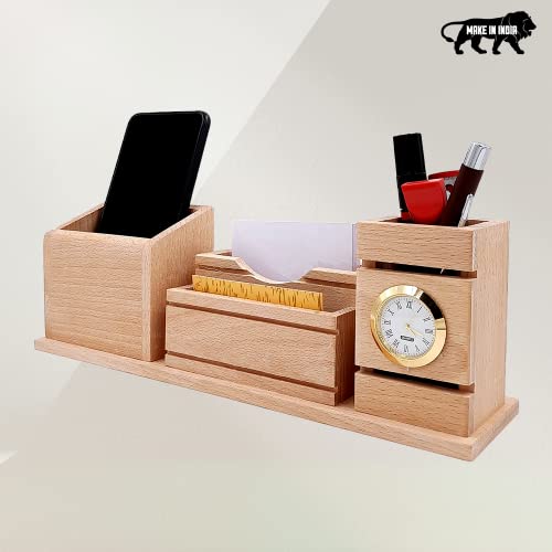 Image of WOOD HOUSE Pen Stand, Lightweight Office Use, Table Study, Wooden Stand with Holders (Stand With Clock)