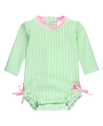 Image of RuffleButts Baby/Toddler Girls Seersucker Long Sleeve One Piece Rash Guard Swimsuit with UPF 50+ Sun Protection