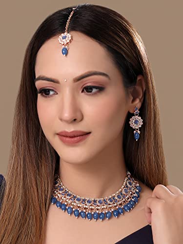 Image of Yellow Chimes Jewellery Set for Women and Girls Kundan Necklace Set Gold Plated Kundan Studded Blue Beads Drop Choker Necklace Set | Birthday Gift for girls and women Anniversary Gift for Wife