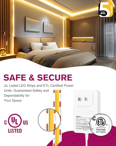 Image of EMITEVER COB LED Strip Lights Kit Warm White with Remote & 24V Power Supply,16.4ft Dimmable Tape Light 3000K, High Density 2400LEDs, 305+LM /FT, CRI90+, Suitable for Bedroom Kitchen Cabinet Lighting