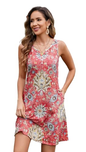 Image of Ladlop Summer Dresses for Women 2026 Beach Loose Casual A Line Dress Sleeveless V-Neck Sundress with Pockets