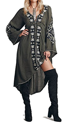 r vivimos women cotton embroidered high low long dresses R.Vivimos Womens V Neck Bell Sleeve Vintage Floral Embroidered High Low  Long Dresses Small Army Green at Amazon Women's Clothing store
