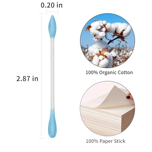 Image of Blue Cotton Swabs Precision Pointed - 400 Count Pointy Organic Cotton Buds Double Side Tightly Wrapped Cotton Tips Paper Stick Soft Gentle Lint-Free Cruelty-Free, Pointy & Round (Blue)