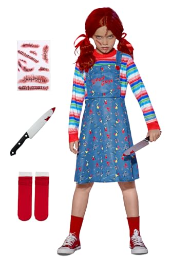 BesserBay Teen Girls Halloween Chcky Costume Dress Up Horror Killer Outfit Blue Pinafore Dress Stripe Shirt 12 Years