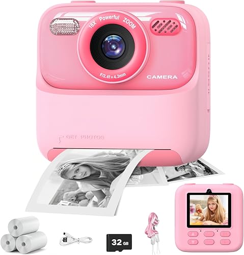 Kids Camera Instant Print Photo Birthday Gifts for Girls and Boys Kids Digital Camera Toys 1080P HD Video 3 4 5 6 7 8 9 10 11 12 Year Old Boy Gifts/Girl Gifts (Pink)