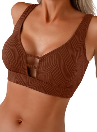 Herseas Womens Ribbed Bathing Suit Tops Cutout Scoop Neck Summer Beach Bikini Tops Padded Support Swimsuit Tops Modest Flattering Swim Top Brown Medium