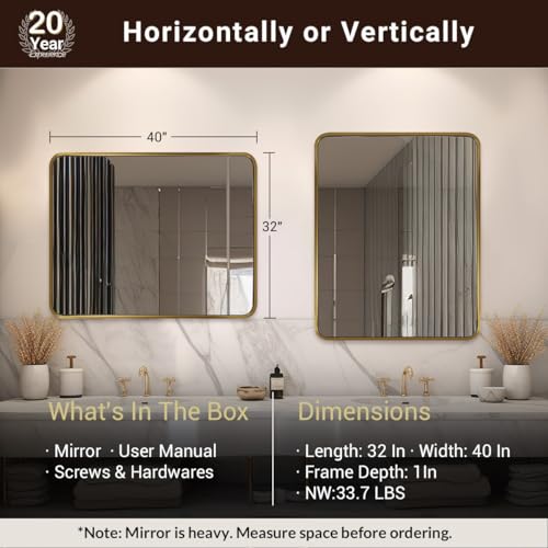 Image of ANDY STAR 40x32 Inch Gold Bathroom Mirror, Brushed Gold Mirrors for Wall in Anti-Rust SUS304 Tube Metal Frame, Rounded Rectangle Mirrors 1'' Deep Wall Mounted Vertically /Horizontal for Bathroom