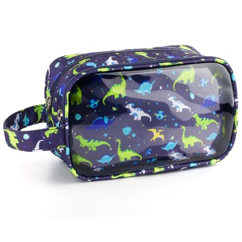 Dinosaur Kids Toiletry Bag for Boys, Travel Clear Toiletry Bag for Little Young Boys Waterproof Hanging Wash Bag Toddler Traveling Toiletries, Navy
