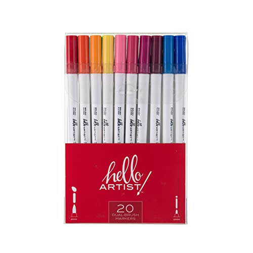 Image of Hello, Artist! Dual Brush Marker Set, 20 Pieces, Brush and Felt Tips, Bright and Vivid Colors