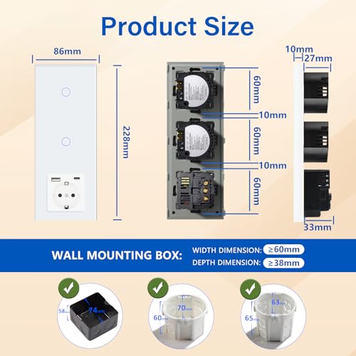 BSEED Touch Lichtschalter mit Steckdosen doppelte 1 Fach 1 Weg Wandschalter mit einer USB Steckdose Anschluss (Max. 2.1A) Typ C Port Unterputz Touchscreen-schalter mit Glasrahmen 228mm Wei&szlig;