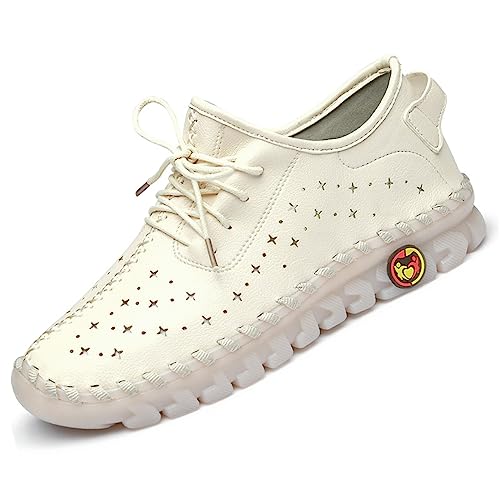 Image of Women'S Hollow Leather Lace Up Flat Loafers,Lightweight Breathable Casual Comfort Non-Slip Walking Shoes Handmade Beef Tendon Soft Sole Mom Nurse Shoes