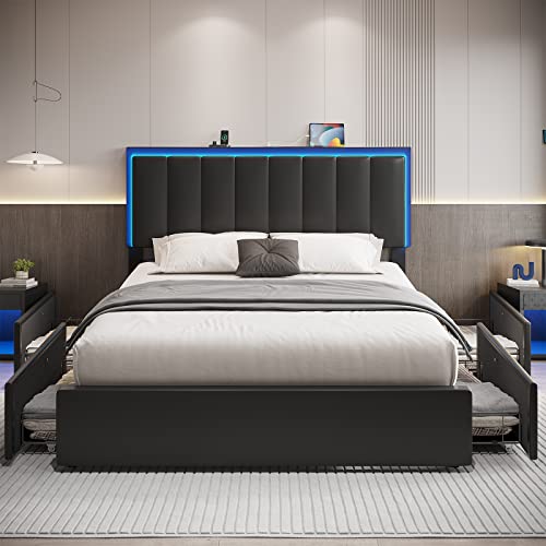 image for DICTAC Queen Size Bed Frame with Storage and USB Ports Modern Platform