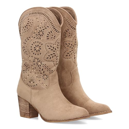98523 Botas Estilo Cowboy para Mujer, Elegante Diseno Troquelado con Motivos Florales y pequenos Apliques metalicos. Tacon Ancho y Comodo. Cierre de Cremallera Ideal Entretiempo. Beige Talla 41