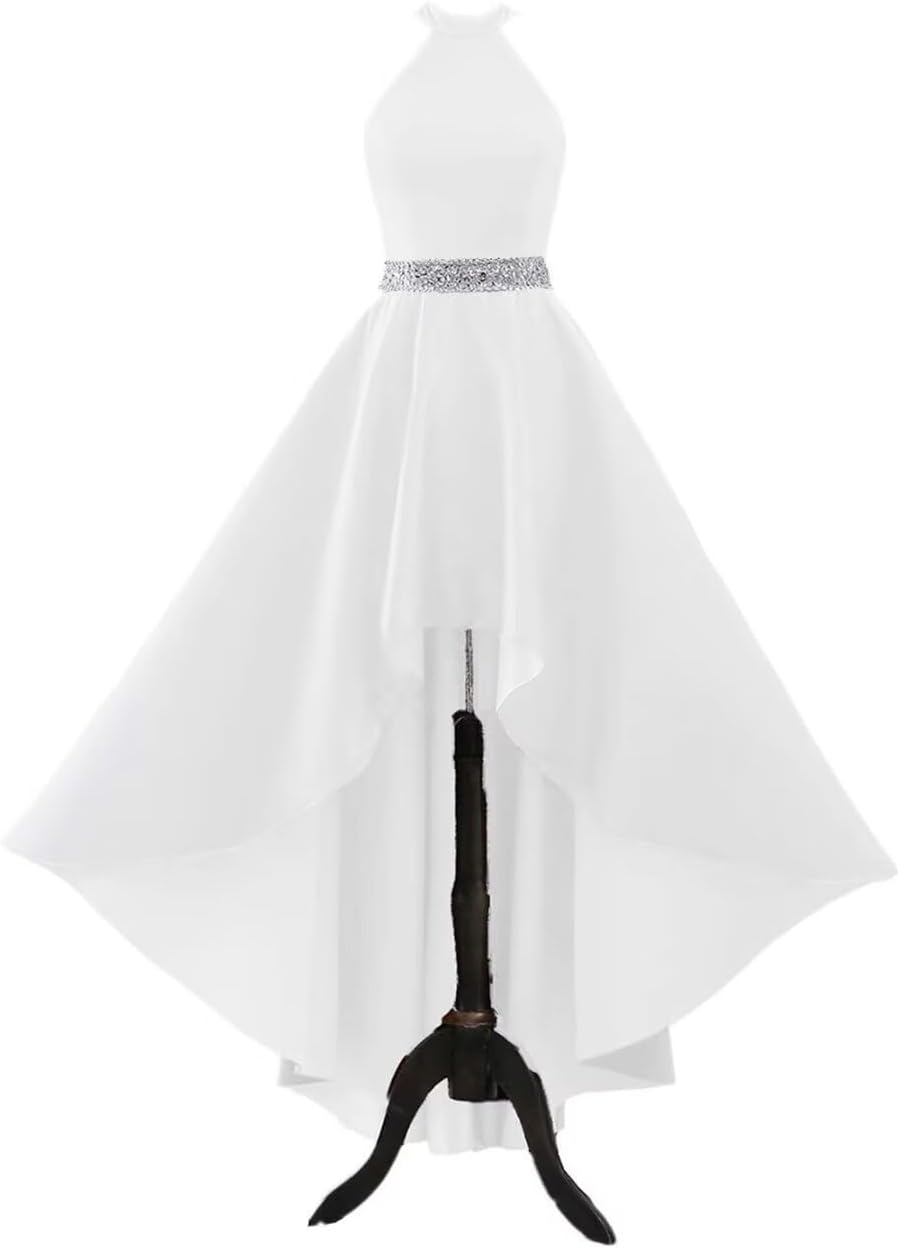 Satin Halter Prom Dresses for Women High Low Beaded Ball Gowns A-Line Formal Dress Wedding Party Gown with Pockets
