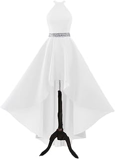 Satin Halter Prom Dresses for Women High Low Beaded Ball Gowns A-Line Formal Dress Wedding Party Gown with Pockets