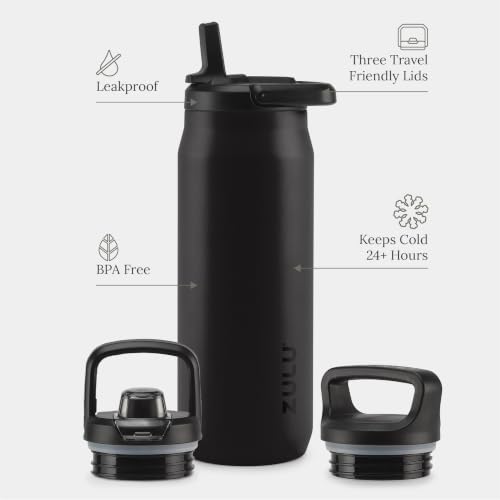Image of ZULU Base 32oz Stainless Steel Water Bottle with 3 Lids- Straw, Chug, Twist | Double Walled and Vacuum Insulated Metal Thermos | For Gym, Outdoor, Built in Carry Loop, Dishwasher Safe, Black