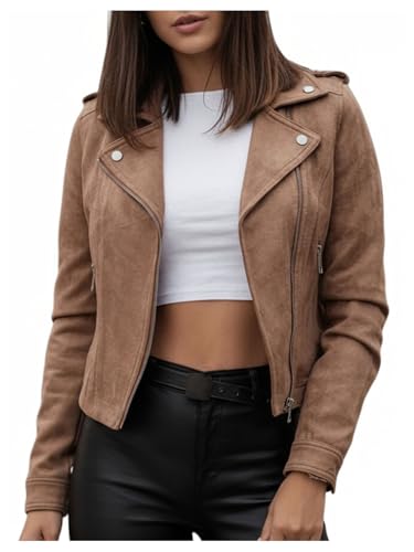 winkbay Womens Faux Suede Motorcycle Jacket Vintage Zip Up Lapel Collar Casual Biker Bomber Jackets Outerwear Brown Medium