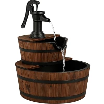 Tangkula 2-Tier Water Fountain Outdoor, Rustic Wood Cascading Waterfall Fountain with Electric Pump, Outside Water Feature with Decorative Hand for Garden Patio Backyard (Fir Wood)