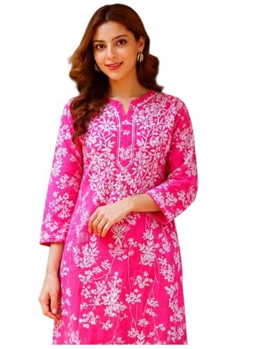 Image of GoSriKi Cotton Blend Embroidered Straight Kurta for Women | Cotton Blend Pink | 3 /4 Sleeve | Round Neck V-Slit | Ethnic Wear Casual Wear