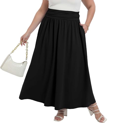 OLRIK Plus Size Maxi Skirt with Pockets 2025 Summer Elastic High Waisted A-Line Flowy Long Skirts