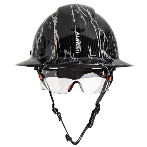 Alacati, Carbon Fiber Hard Hat Full Brim with Goggles- Safety Helmet with 6-Point Adjustable Ratchet...