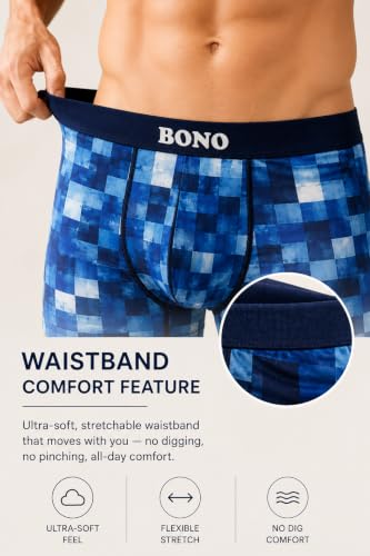 Image of BONO Men Cotton Blend Printed Trunk Combo Anti-Bacterial Moisture Wicking No Marks Stretchable Regular Fit Waistband Underwear Pack of 3 (Darkblue-Multicolor-TurquiseBlue-M)