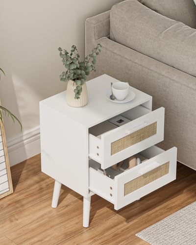 Image of Masupu Rattan Night Stand, Modern nightstand Boho Bedside Table with 2 Drawer, Small End Side Table for Bedroom,Living Room,Office,White