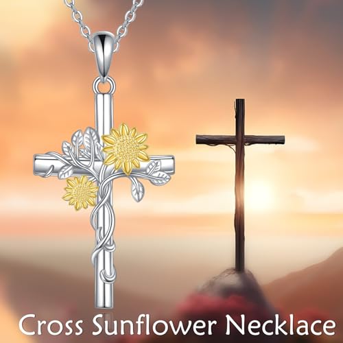 POPLYKE Sunflower/Ladybug/Bee/Dragonfly/Turtle Cross Necklace for Women 925 Sterling Silver Ststhoscope Cross Necklace Pendant Jewelry for Women2