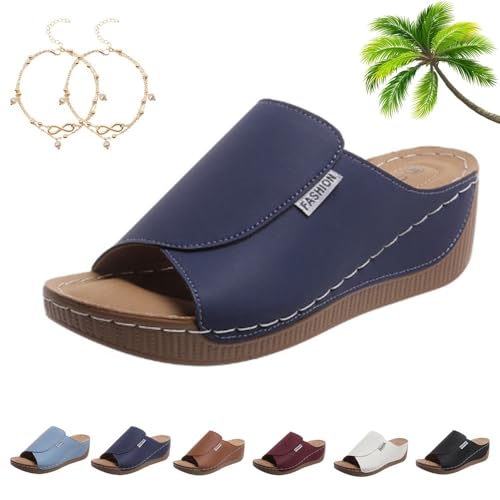 Comfortable Arch Support Slides - Women's Breathable Summer Orthotic Leather Platform Wedge Sandals Slides, Casual Slip on All Day Walking Sandal