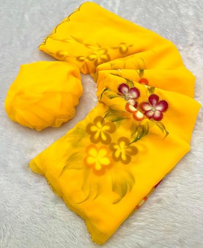 Image of Arkia Women's Floral Hand Embroidered Hand Painted Georgette Saree with Flowers, Traditional Indian Ethnic Wear