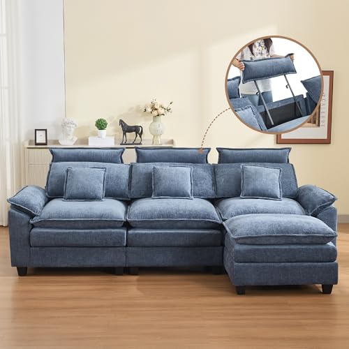 Image of 103'' Cloud Modern 3 Seater Couch with Detachable Headrest, Modular Sectional Sofa with Ottoman, Oversized L Shape Chenille Comfy Sofa with Armrests for Living Room, Blue