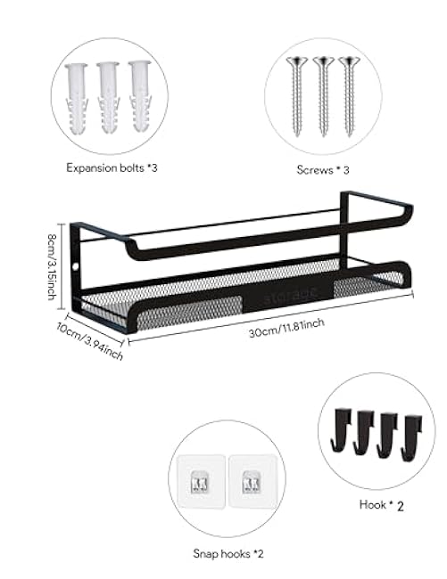 Spice Rack Wall Mount with Hooks - Spice Racks Organizer for Cabinet Storage, Wall Mounted Hanging Shelf Seasoning Organizer, for Kitchen, Pantry Door, Bathroom (Black, 4 Pack)
