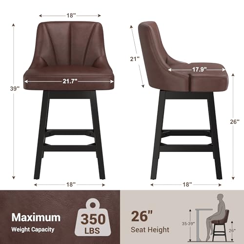Image of YaFiti Swivel Bar Stools with Backs, 26 inch Counter Height Bar Stools Set of 6, Modern Leather Extra Upholstered Counter Barstools with Square Solid Wood Legs for Kitchen Island, Dining Room, Brown
