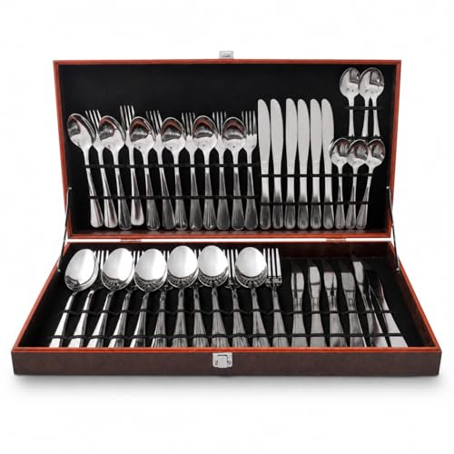 Faqueiro 42 Peças Aço Inox Liso com Estojo de Madeira, Jogo de Talheres Completo para Cozinha, Mesa Posta, Jantar, Almoço, Garfos, Facas e Colheres | Storeasy