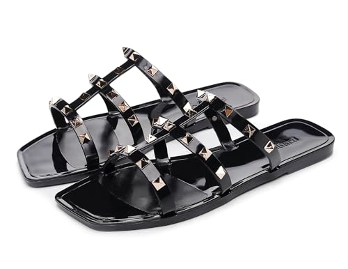 Image of Women Flats Sandals, Studded Jelly Shoes Size 9 Red Dressy Summer Beach Rivets Strappy Jellies Slide Slip On Open Toes