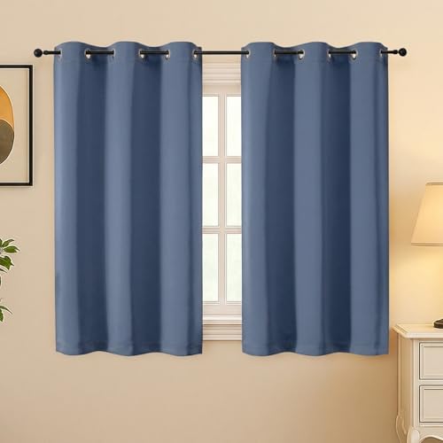Image of Simplebrand Denim Room Darkening Curtains for Bedroom 45 Inches Long 2 Panels Set, Sunlight Blocking Curtains for Small Windows, Grommet Energy Saving Thermal Insulated Short Drapes, 40Wx45L