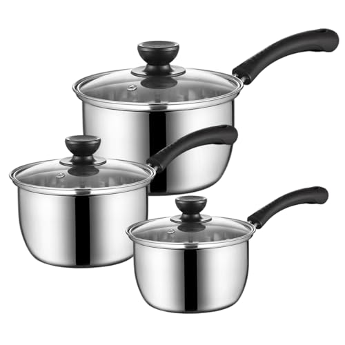 3pcs Juego de cacerola de acero inoxidable de 16 cm, 18 cm y 20 con tapas y manijas, utensilios de cocina espesados ​​para sopa, arroz, pasta cocina para la para el hogar