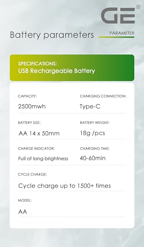 Image of GE AA rechargeable batteries (Lithium 1.5V - 2500 mWh) - in 2025 | Fast Charge (Direct USB‑C + Wireless) | pack of 4 batteries | 10 years of life and 1,500+ recharges