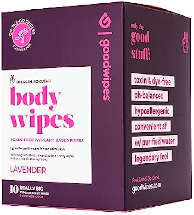Goodwipes Body Wipes – Really Big, All Over Wipes with Aloe – Plant Based + Hypoallergenic – Wipe Away Sweat and Odor, for Face and Body – Lavender, 10 Wipes