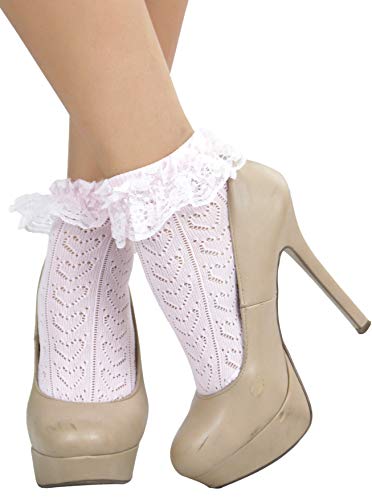 Image of ToBeInStyle Women's Indie Girl Ruffle Trim Heart Net Design Ankle High Fashion Socks