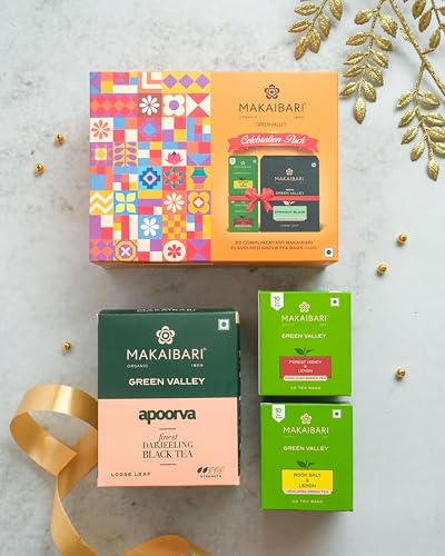 Image of Makaibari Green Valley Celebration Gift Pack | Darjeeling Blact Tea 250 Gms | 10 Pcs Forest Honey & Lemon Himalayan Tea Bags | 10 Pcs Black Salt & Lemon Himalayan Green Tea Bags | Gift Pack