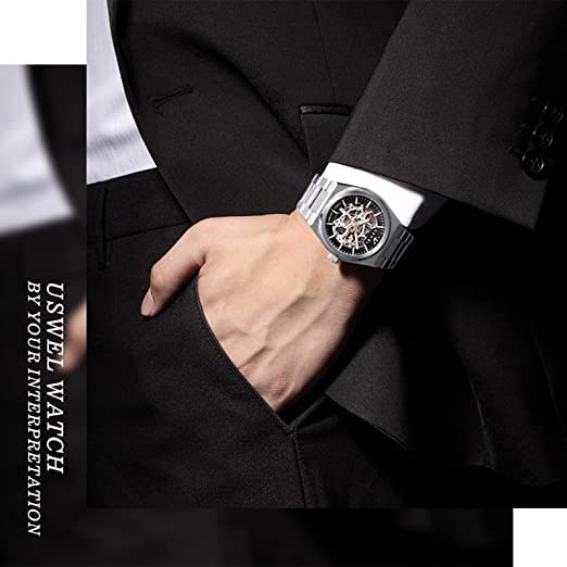 Image of Automatic Mechanical Wrist Watch for Men with Star Dust Dial, Fashion Self-Winding Watches for Men Stainless Steel Waterproof Luminous Sapphire Crystal Mens Watches with Auto Date (Silver)