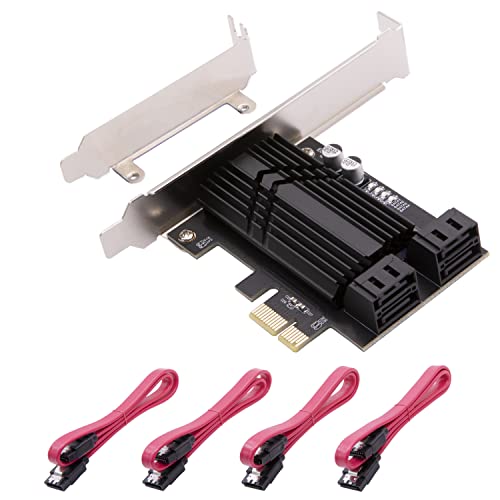 Mailiya PCIe SATA Card with 4 SATA Cables, 4 Ports SATA 3.0 6Gbps Controller Expansion Card, Low Profile Bracket and Heatsink, Non-Raid, Support 4 SATA 3.0 Devices