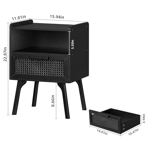 Image of Lerliuo Rattan Nightstands Set of 2, Boho Side Table with Drawer Open Shelf | Cane Accent Bedside End Table with Solid Wood Legs for Bedroom, Dorm and Small Spaces (Black)