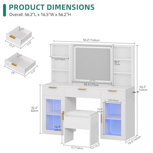 Image of DWVO 56 inch LED Vanity Desk with Tri‑Fold Mirror & Lights | Makeup Vanity Desk with 3 Drawers
