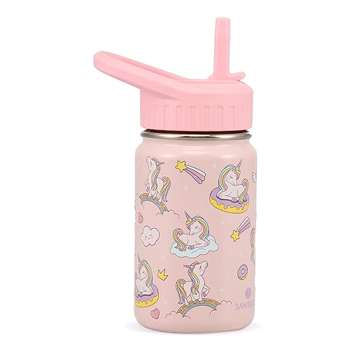 SANTECO 350ml/12oz Bouteilles d'eau pour Enfants, Bouteille Acier Inoxydable Isotherme avec Paille sans BPA et Anti-fuite Réutilisable pour Transport Facile à l'école